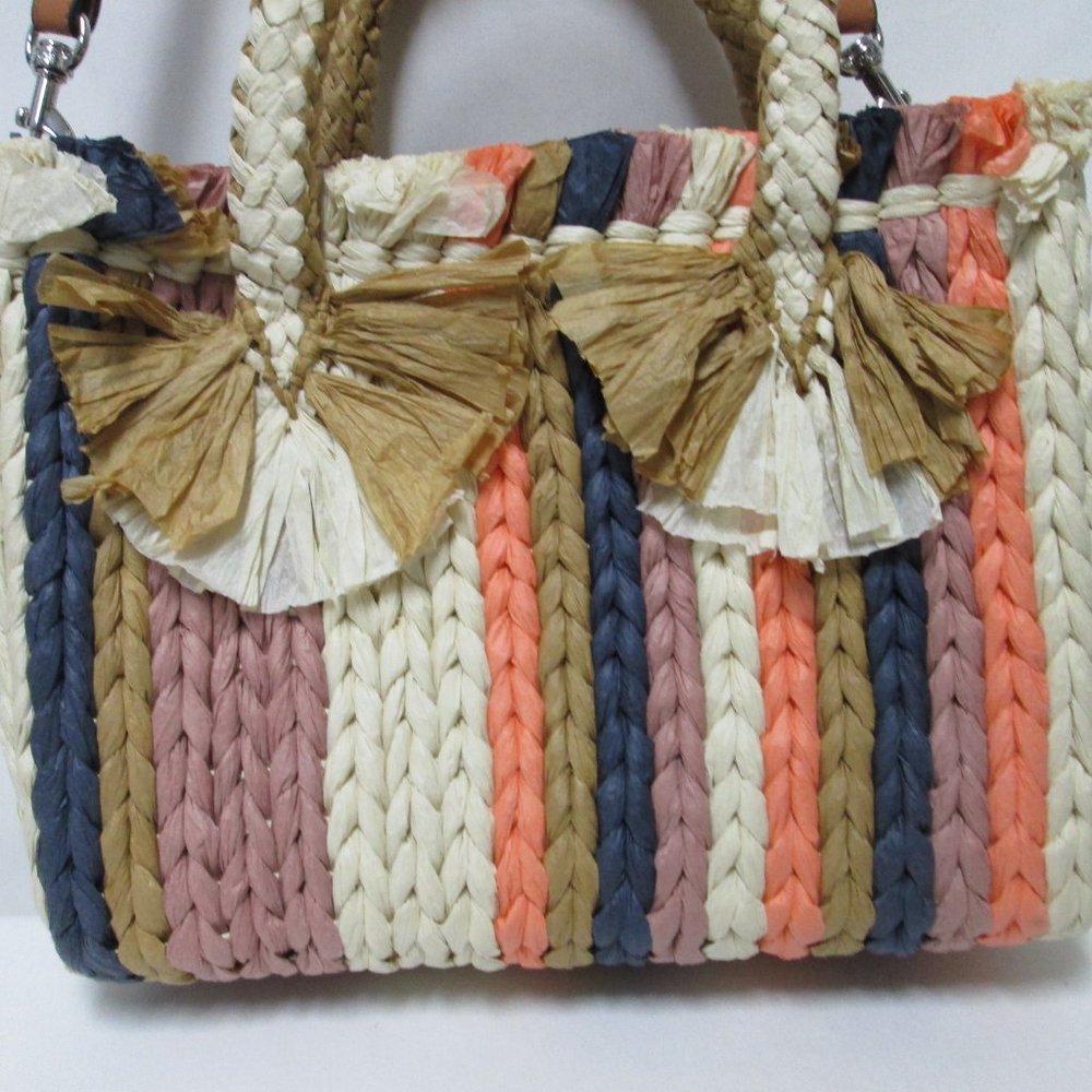 Vince Camuto Emei Woven Paper Satchel Tote Bag Purse removable strap striped NEW - Picture 7 of 14